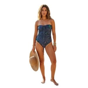 GANNI Strapless Ruched Floral One Piece Swimsuit Slate Grey Blue Size Small